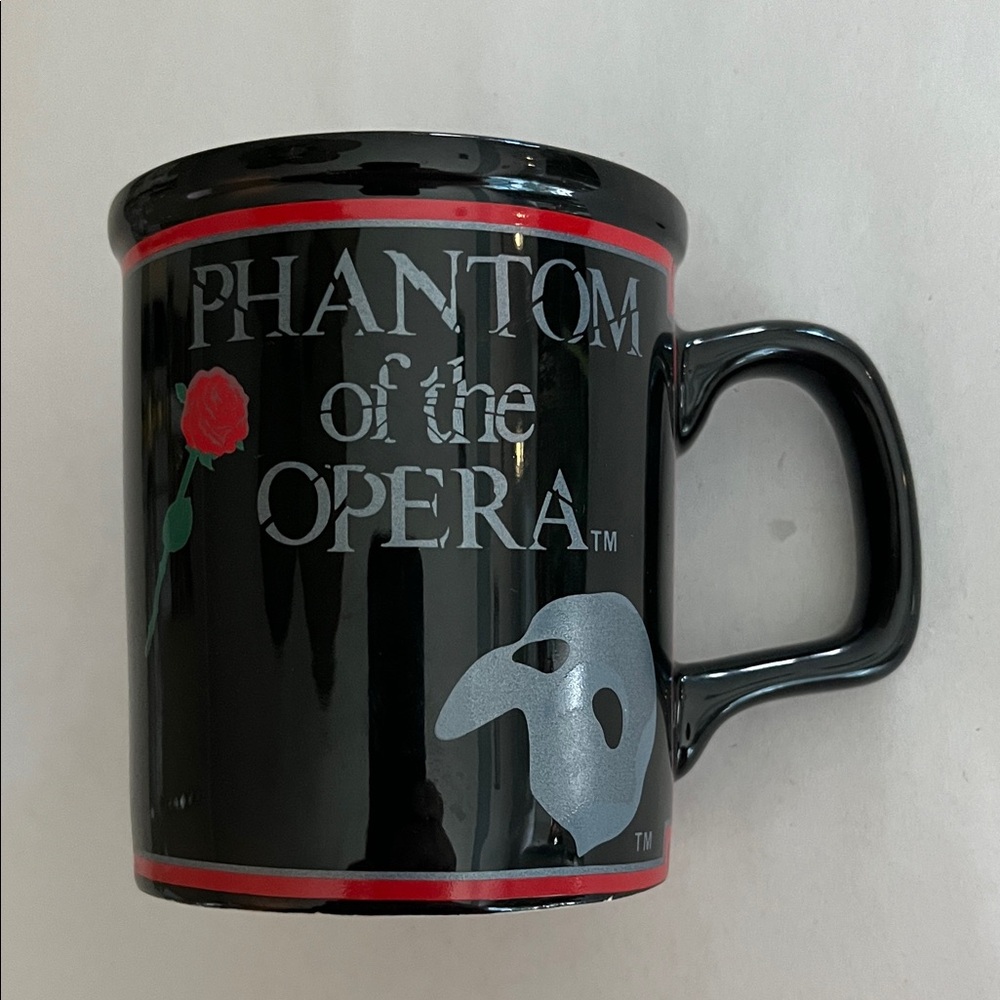 VTG 1988 Phantom of the Opera coffee mug black white mask red rose glossy